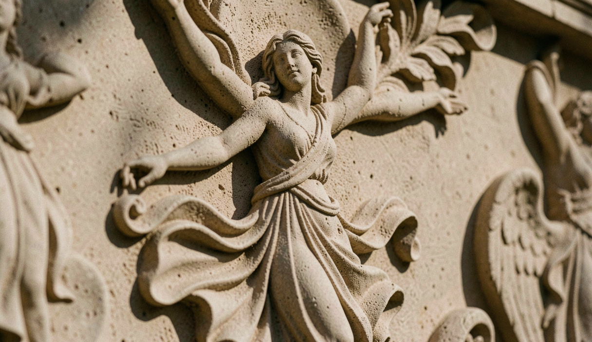 Détail sculpté d'une danseuse céleste dans le grès, éclairé de côté, chaque creux du relief porte sa propre ombre