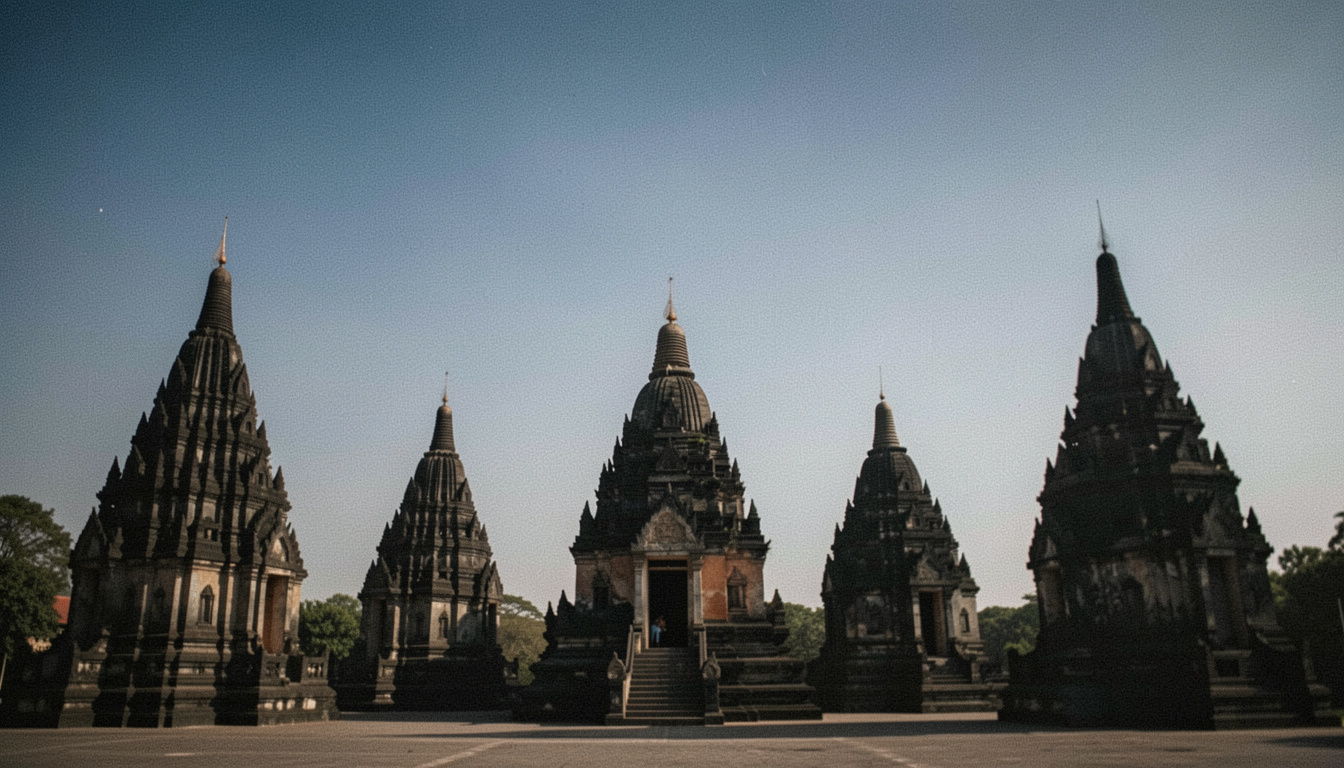 Cinq tours de temple en silhouette noire devant un ciel qui vire du bleu profond à l'orange, l'ensemble se répète à l'envers dans un bassin immobile au premier plan
