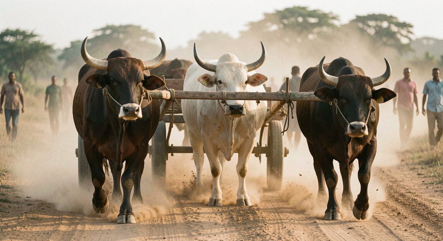 Attelage de bœufs sur une piste sablonneuse, la poussière soulevée par les roues accroche la lumière basse du matin