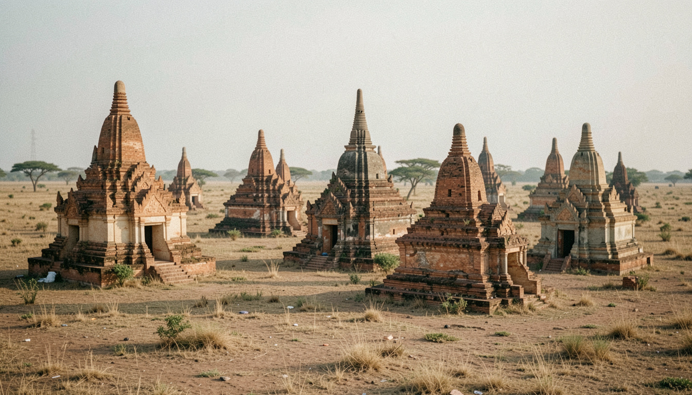 Plaine hérissée de temples de brique émergeant d'une nappe de brume basse, les silhouettes les plus lointaines pâlissent jusqu'à se confondre avec le ciel