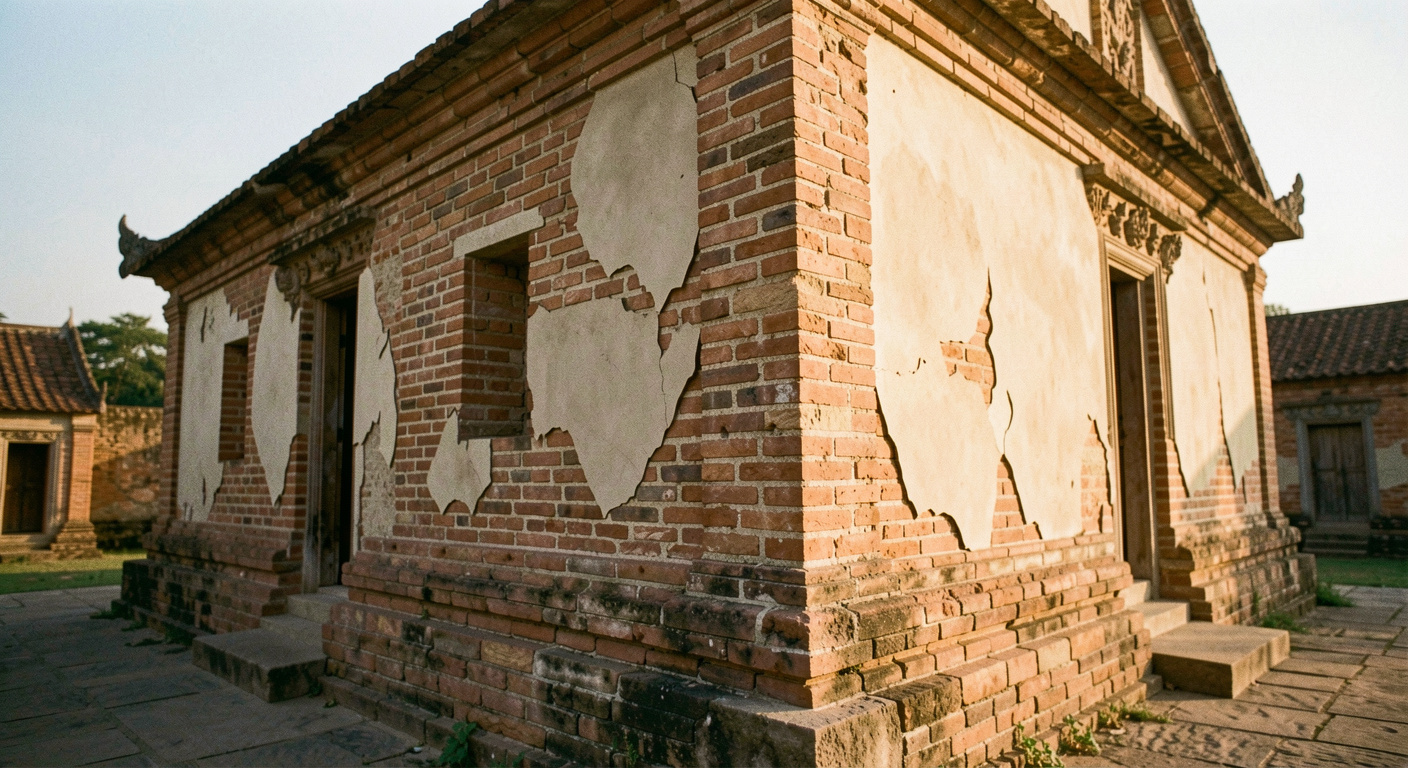 Angle d'un temple de brique dont le stuc s'écaille, éclairé de côté par un soleil bas qui souligne chaque joint de maçonnerie