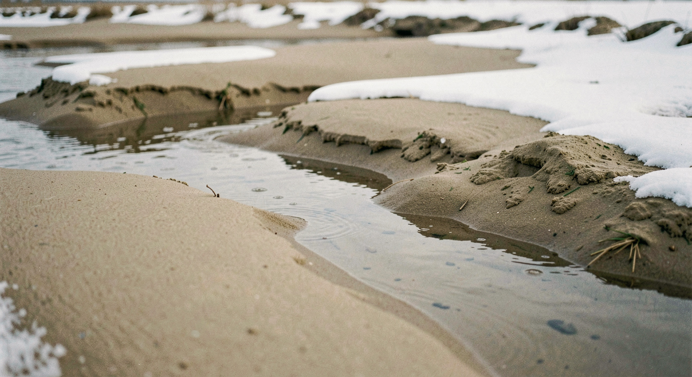 Bancs de sable découverts à marée basse en hiver, nappes d'eau en miroir et ciel gris traversé d'une éclaircie