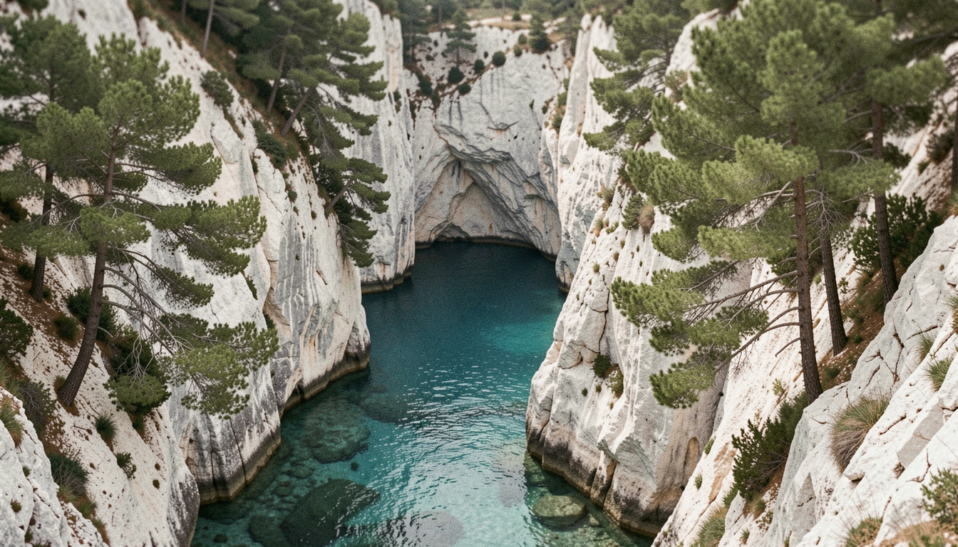 Crique encaissée entre des falaises calcaires blanches, des pins accrochés à la roche et une eau turquoise très claire au fond