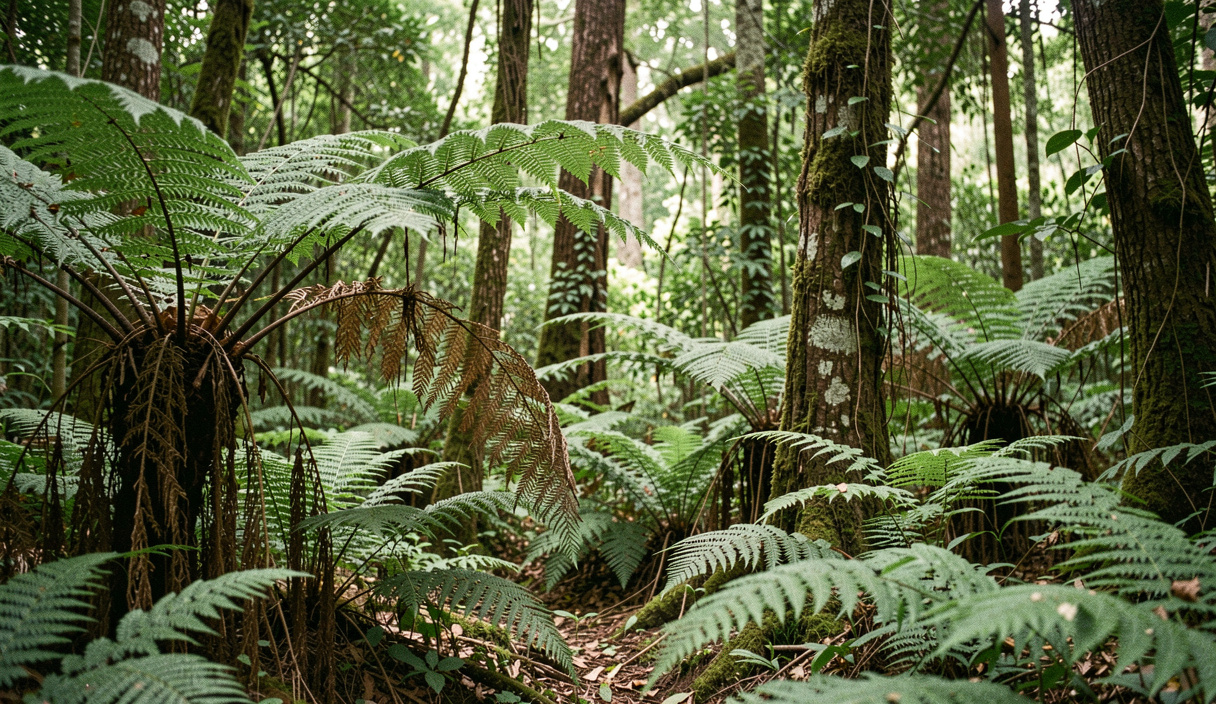 Sous-bois dense de forêt atlantique, fougères arborescentes et lumière verte filtrée par la canopée