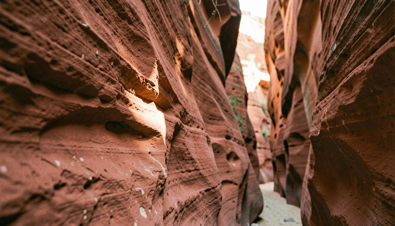 Paroi de grès rouge dans un canyon étroit, la lumière réfléchie sur la roche colore l'air en orange