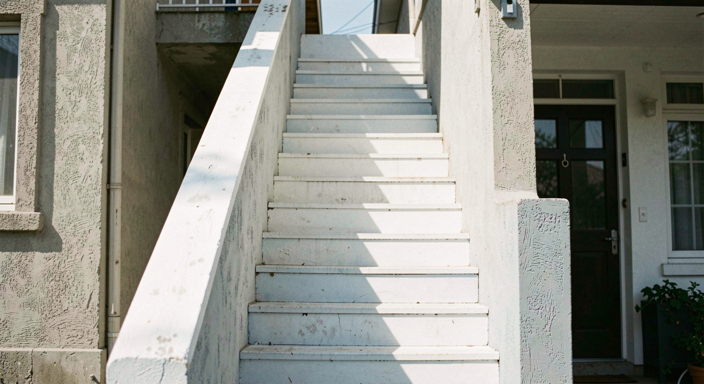 Escalier chaulé montant entre deux maisons, la rampe projette une ombre bleutée nette sur les marches blanches