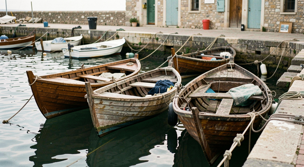 Petites barques de bois amarrées dans un port abrité, l'eau claire laisse voir les galets du fond et la lumière du soir dore les coques