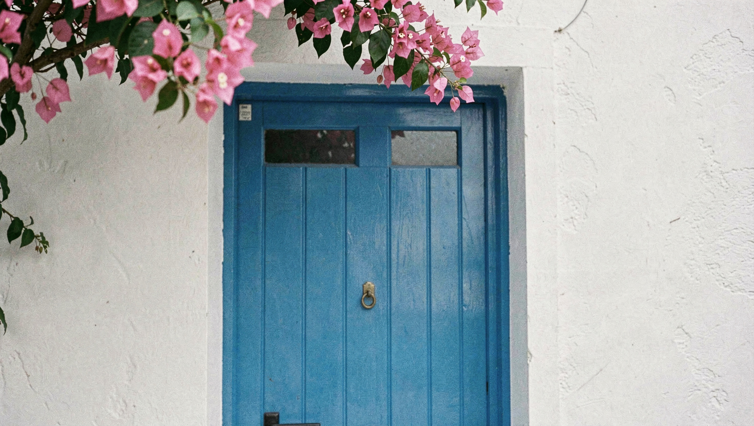 Porte peinte en bleu vif dans un mur blanc, une branche de bougainvillier rose entre par le haut du cadre