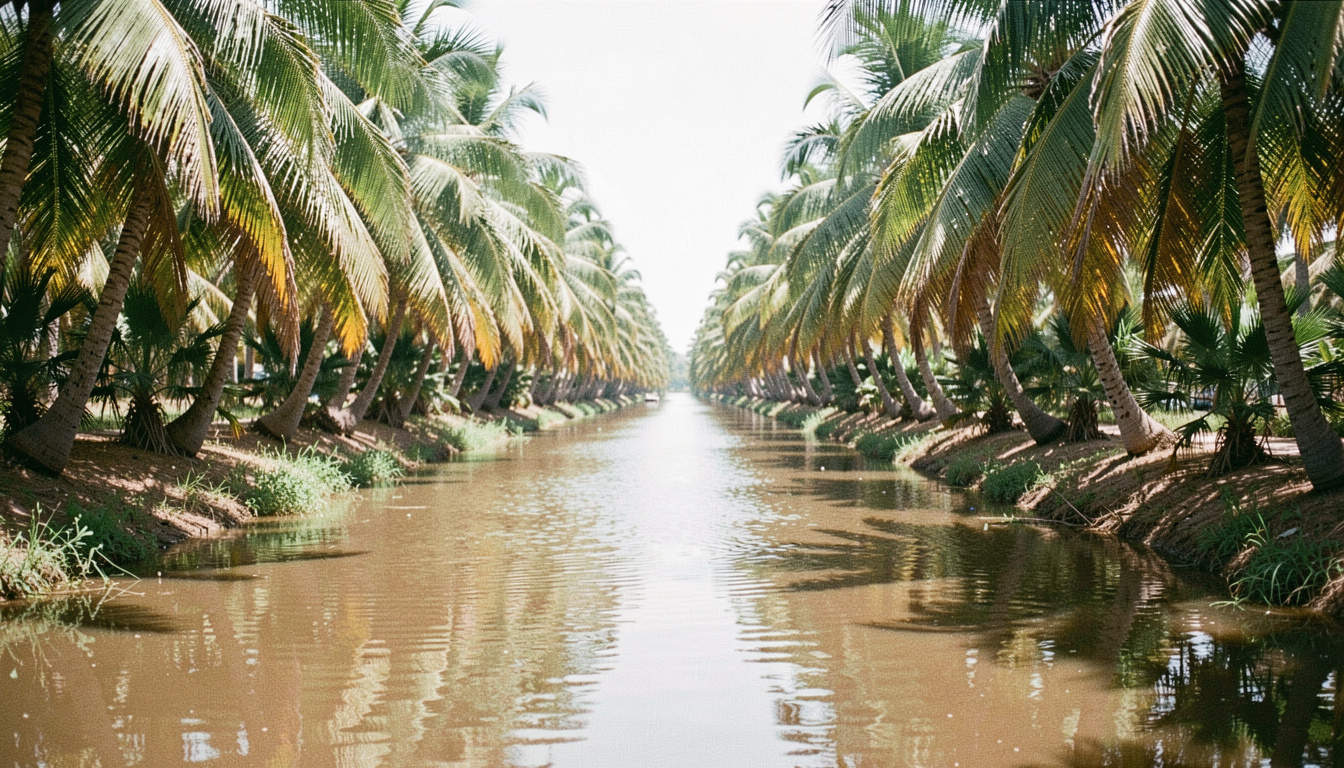 Canal étroit bordé de palmiers d'eau, la surface brune reflète le vert des palmes sous une lumière blanche de milieu de journée
