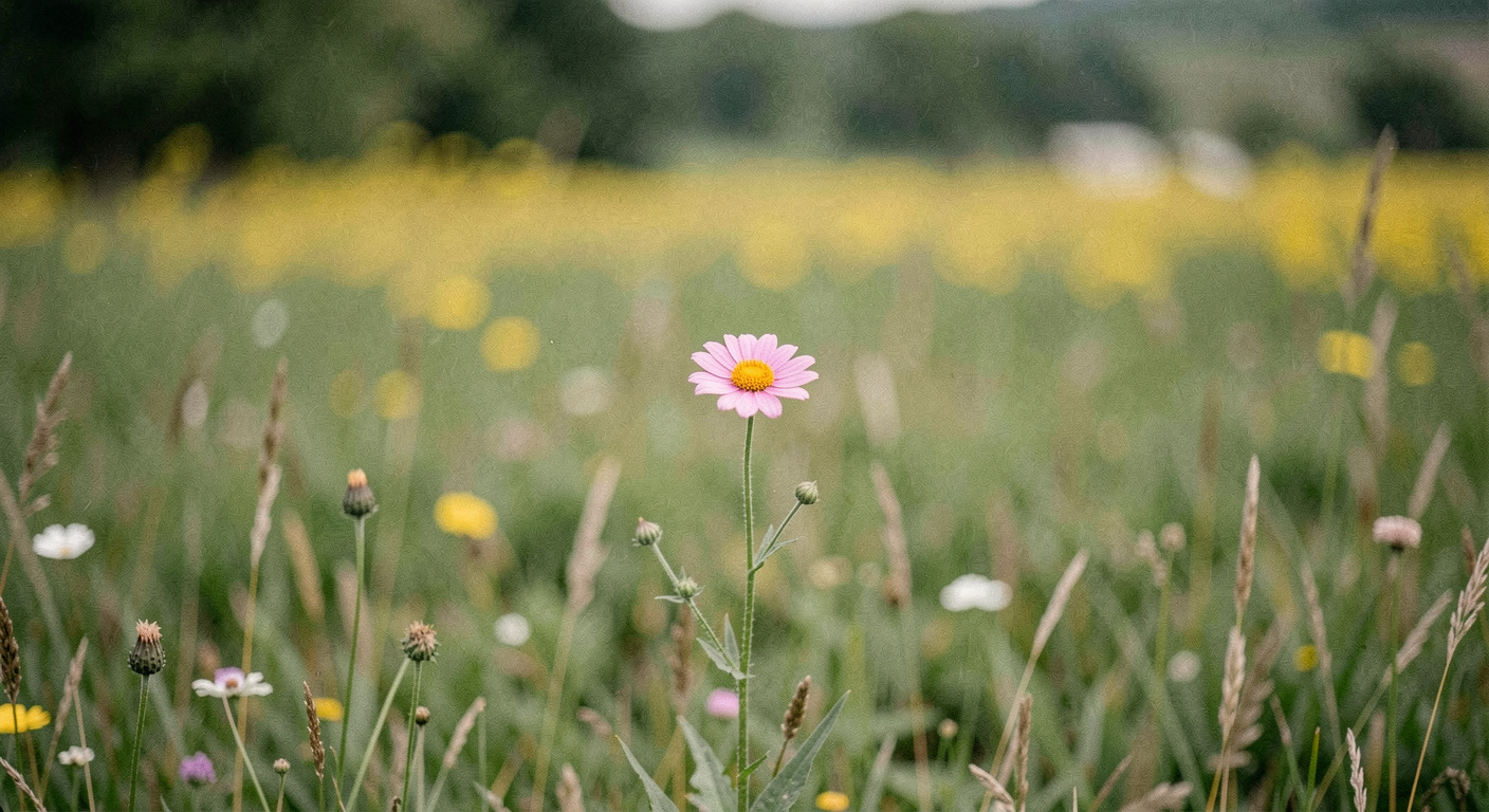 Fleur sauvage isolée dans une prairie, l'arrière-plan se dissout en larges taches de vert et de jaune