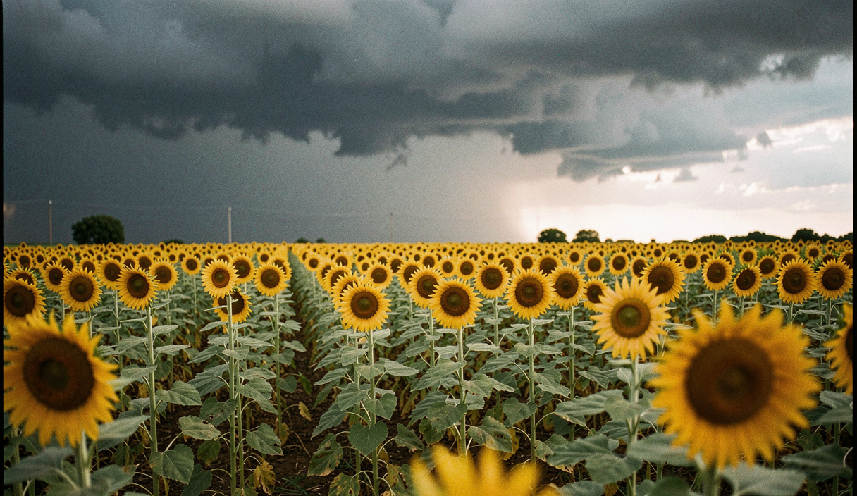 Champ de tournesols alignés vers l'horizon sous un ciel d'orage en formation, une trouée éclaire le premier rang