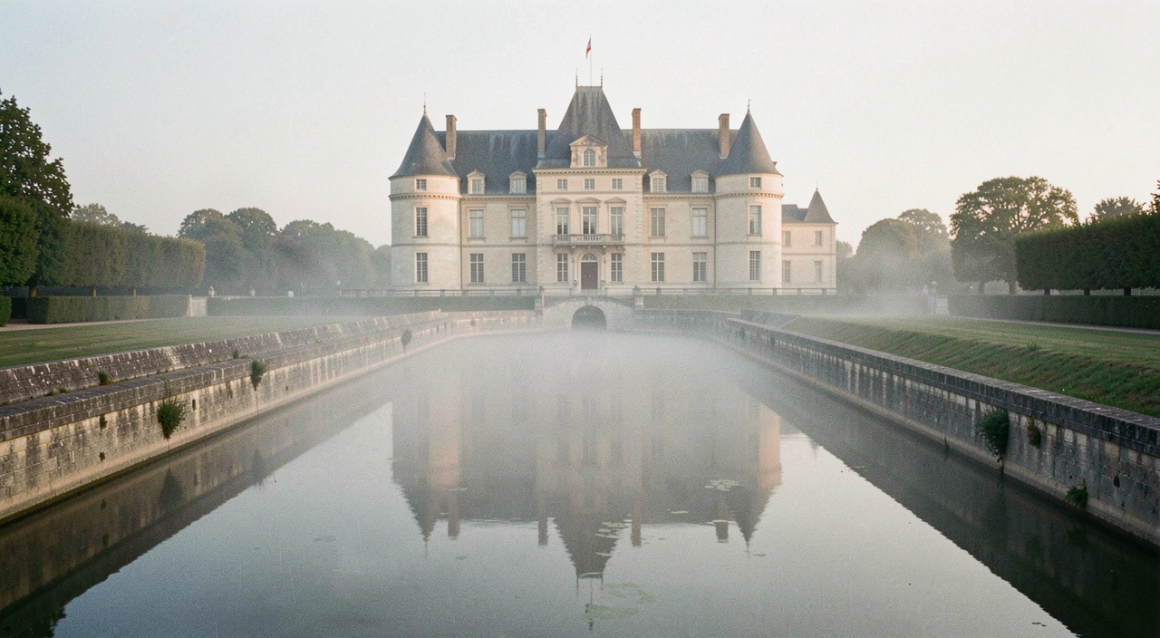Château de pierre blonde se reflétant dans des douves immobiles au petit matin, brume légère au ras de l'eau