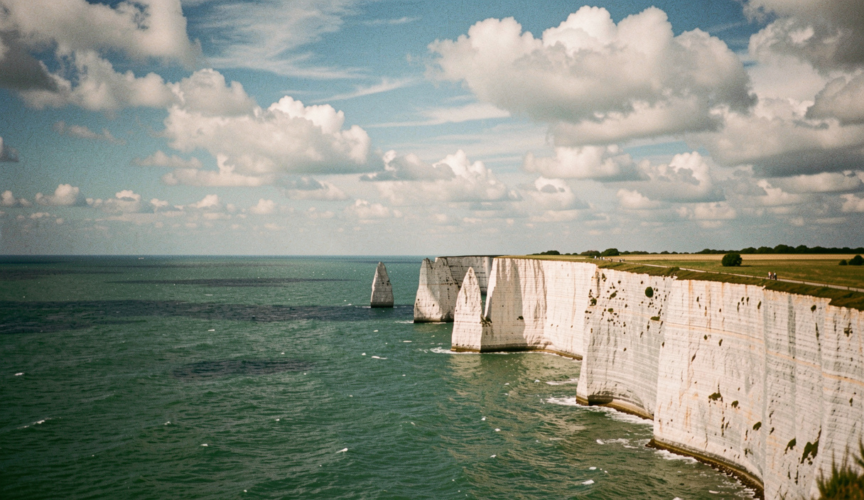 Falaise de craie blanche tombant dans une mer verte, ciel de traîne avec des cumulus séparés par des trouées de lumière