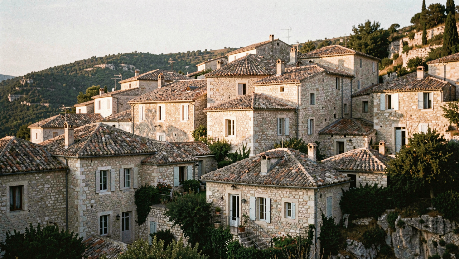 Village de pierre calcaire aux toits de tuiles rondes accroché à une colline, la lumière de fin de journée dore les façades et allonge les ombres