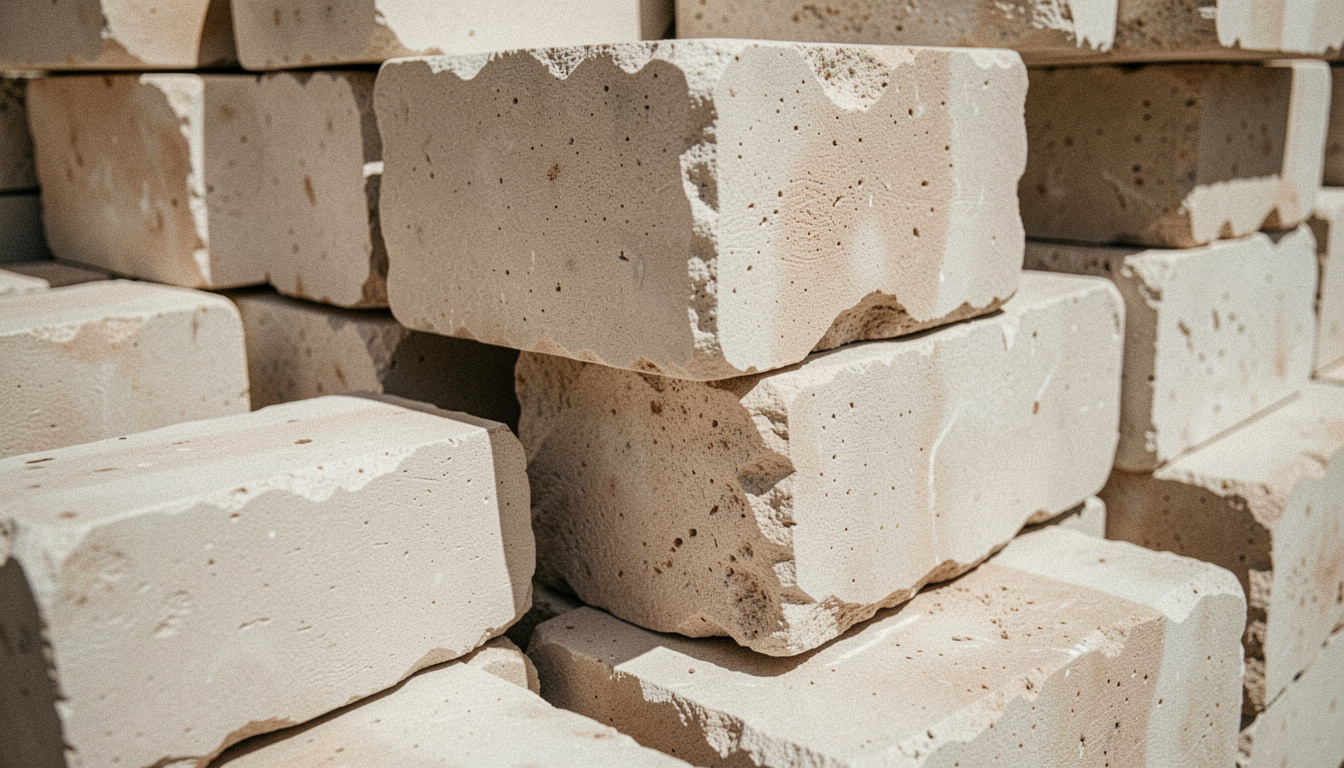 Empilement de blocs de calcaire taillés vus de près, la lumière dure creuse chaque joint et révèle les traces d'outils