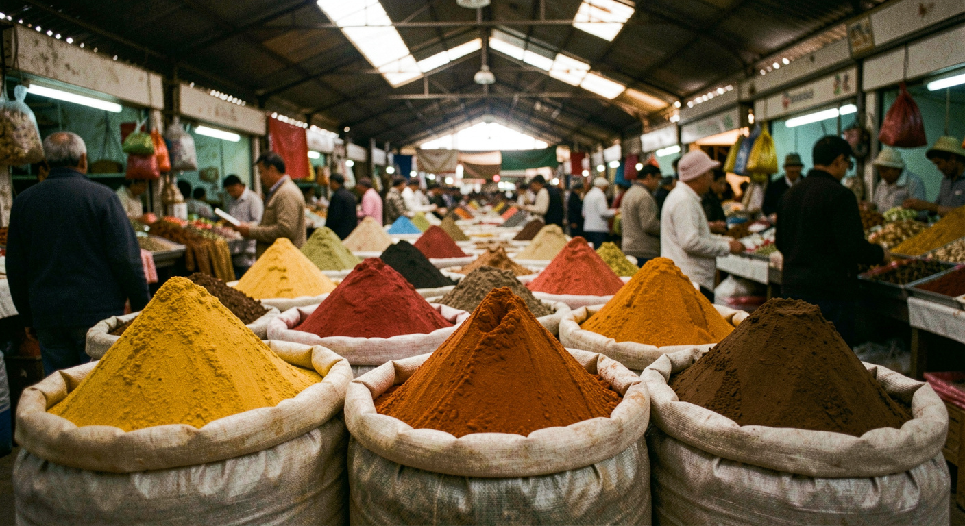 Sacs de toile ouverts remplis de poudres d'épices en cônes, jaune, rouge et brun, sous la lumière tamisée d'un marché couvert