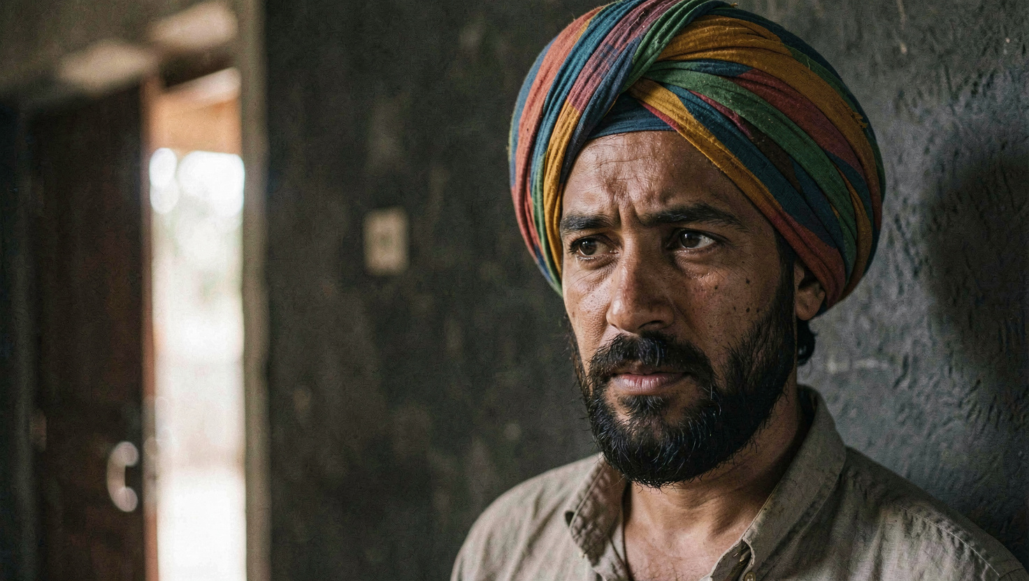 Portrait rapproché d'un homme au turban coloré devant un mur sombre, lumière douce venue d'une porte hors champ