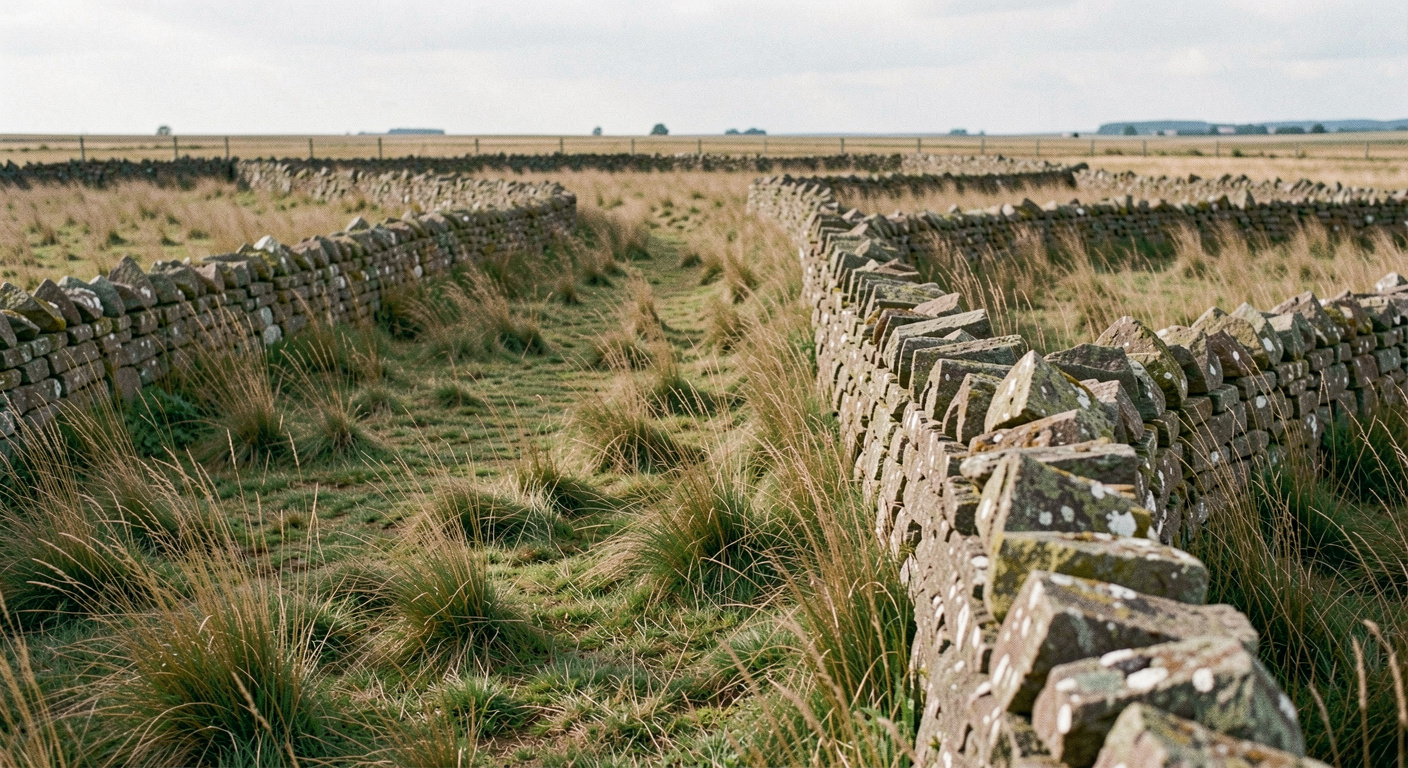 Prairie rase découpée par des murets de pierres sèches, l'ombre d'un nuage avance sur l'herbe verte