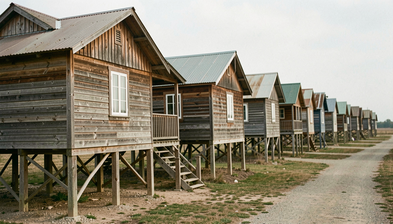 Maisons de bois sur pilotis alignées le long d'un canal, leur reflet vertical s'étire dans l'eau immobile du matin