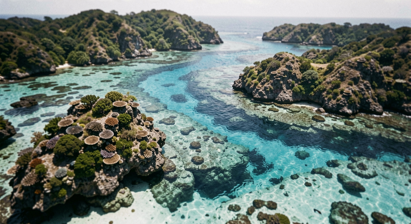 Lagon vu en forte plongée, chenaux bleu marine serpentant entre des hauts-fonds turquoise et taches sombres des massifs coralliens