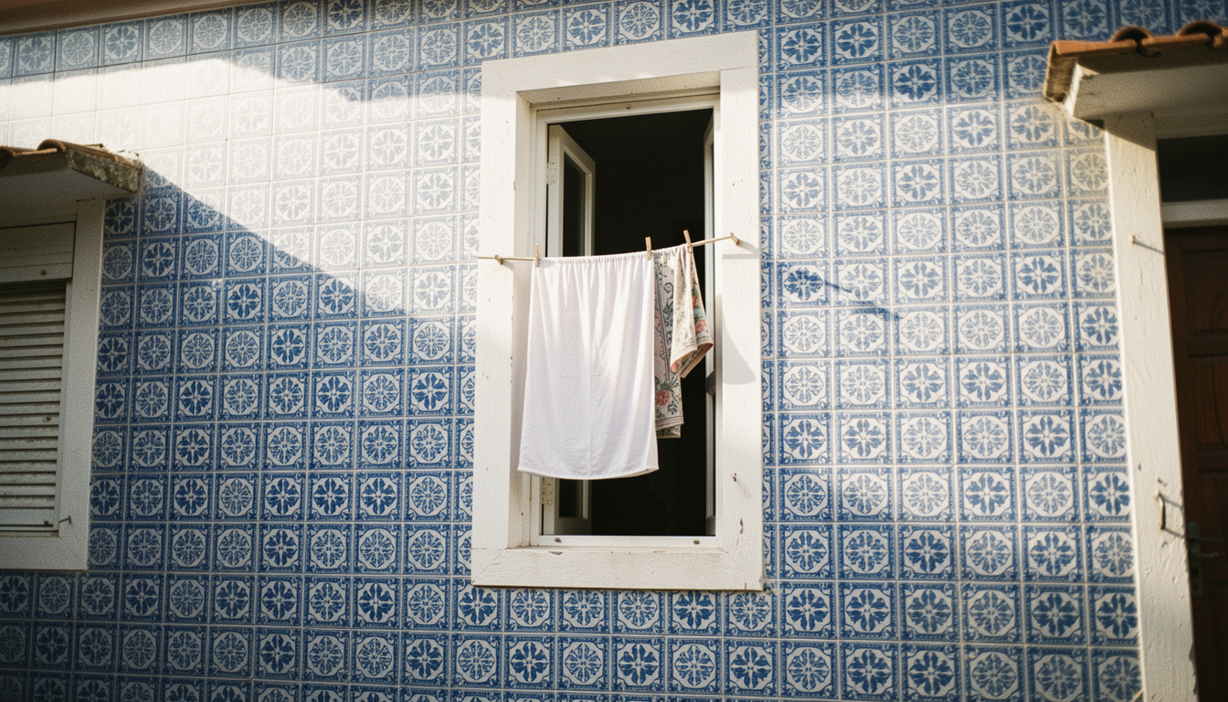 Façade entièrement carrelée de faïence bleue et blanche, une fenêtre ouverte avec du linge suspendu, lumière latérale de fin d'après-midi