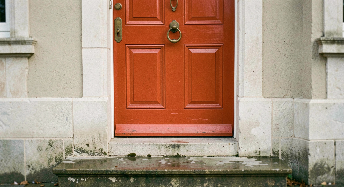 Porte peinte d'une couleur vive encadrée de pierre claire, marches de perron humides et heurtoir de laiton