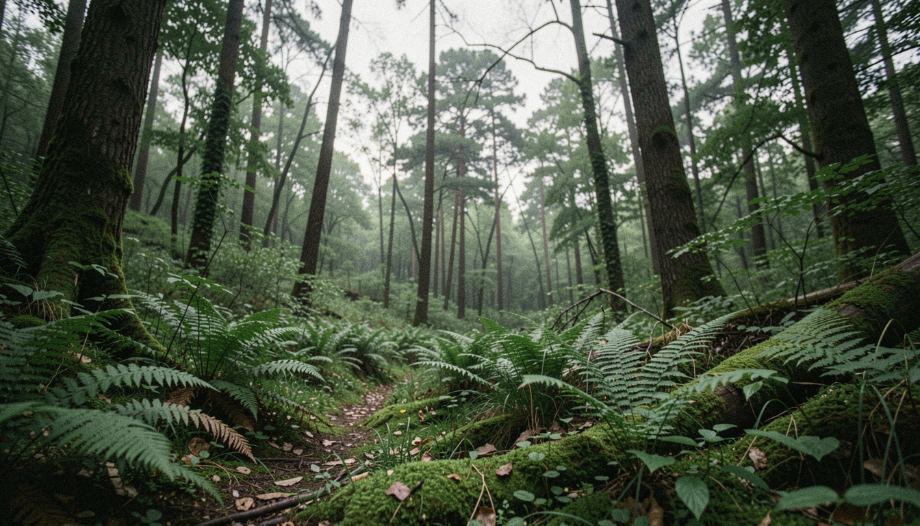 Sous-bois par ciel couvert, lumière égale sans ombre marquée, les verts sont profonds et saturés