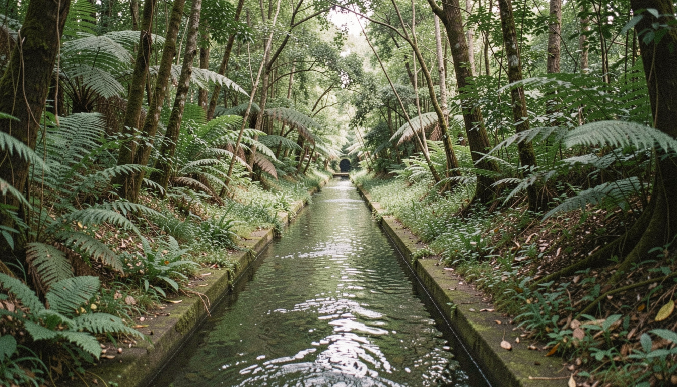 Canal d'irrigation étroit longeant une forêt humide, la lumière filtrée par la canopée donne une dominante verte