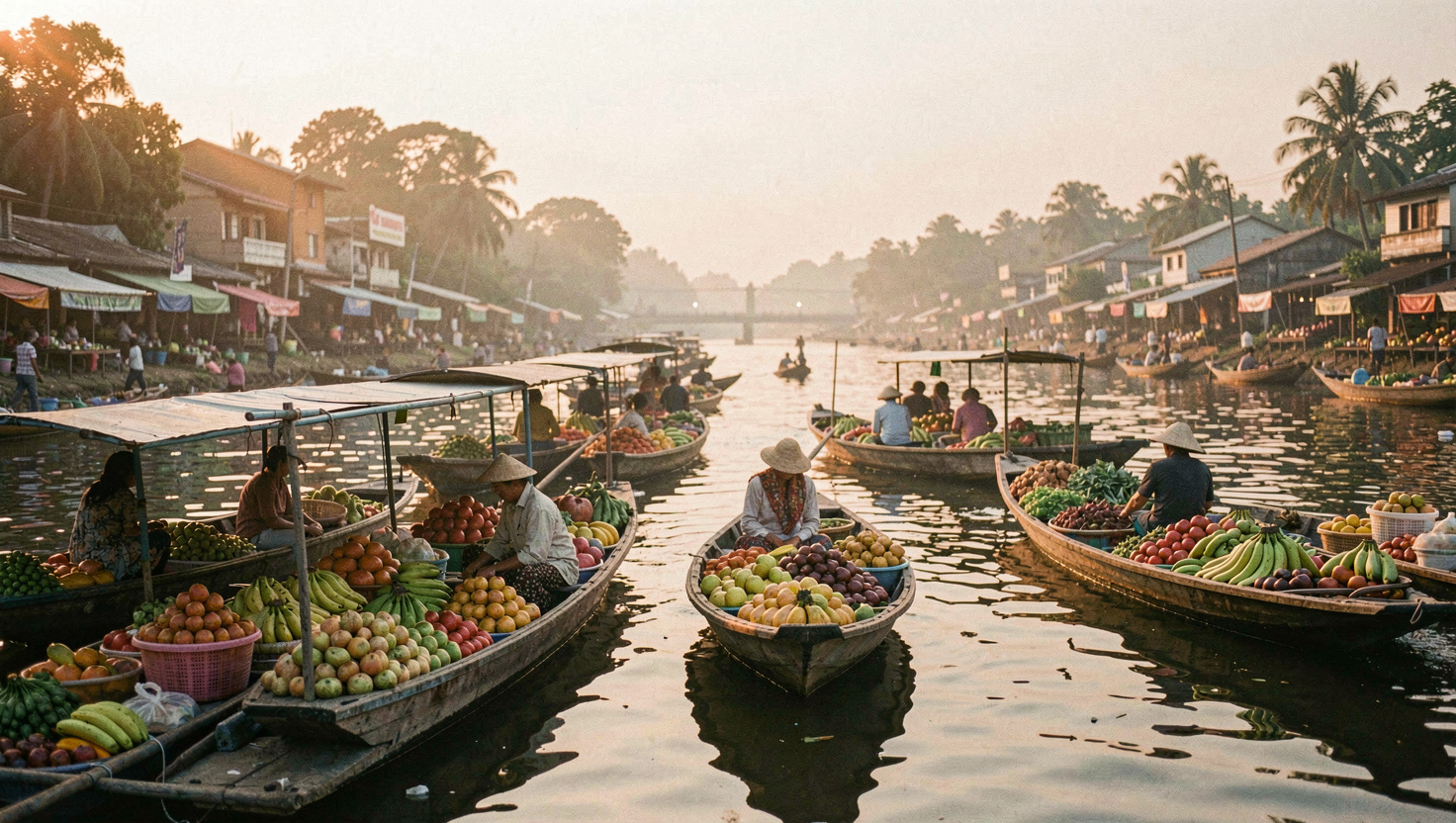 Marché flottant à l'aube sur un bras du Mékong, des barques chargées de fruits se croisent dans une lumière orange