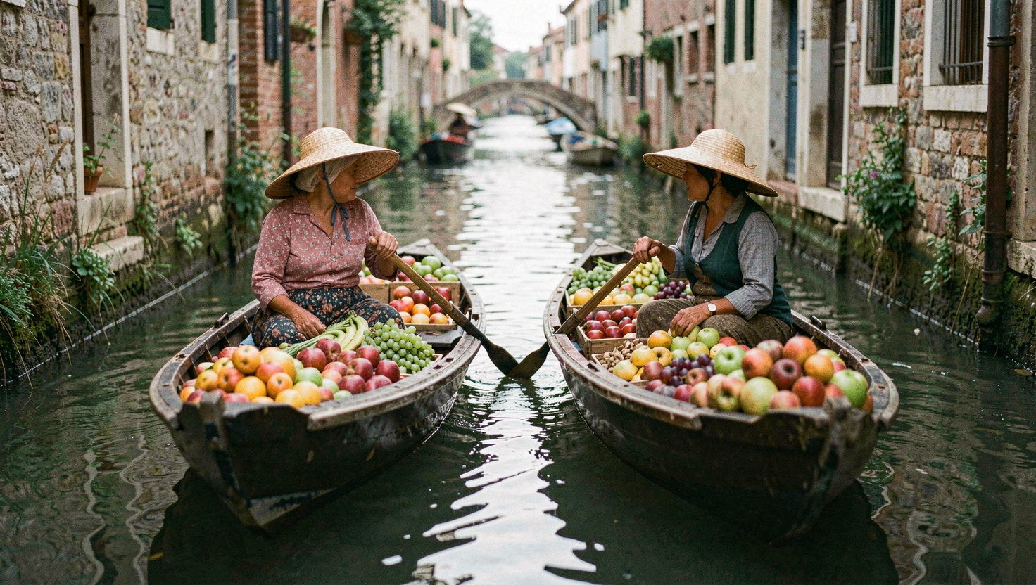 Deux barques chargées de fruits se croisent dans un canal étroit, les vendeuses portent des chapeaux de paille et l'eau brune renvoie les couleurs des étals