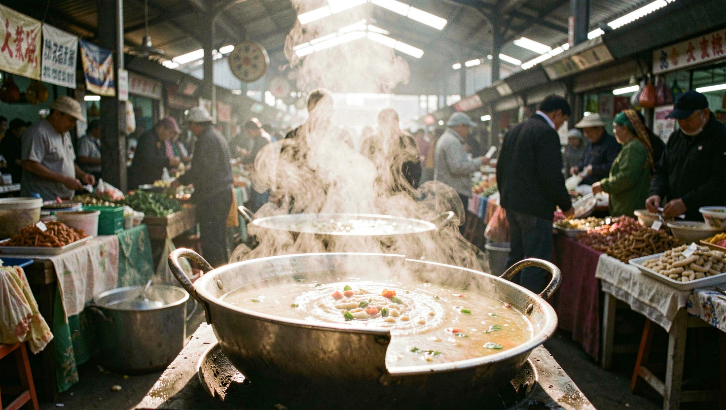 Étal de soupe fumante dans un marché couvert au petit matin, la vapeur monte dans un rai de lumière venu d'une ouverture du toit