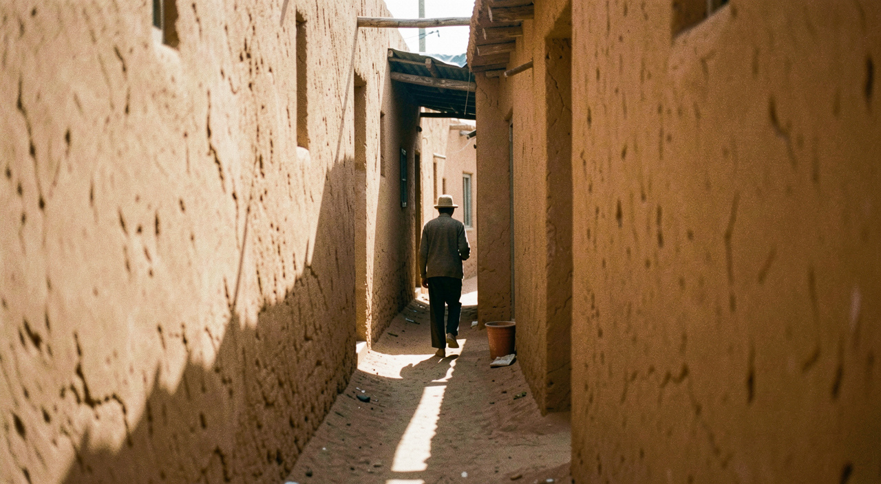 Ruelle étroite aux murs de terre ocre, un rai de soleil coupe le sol en diagonale et une silhouette entre dans la zone éclairée