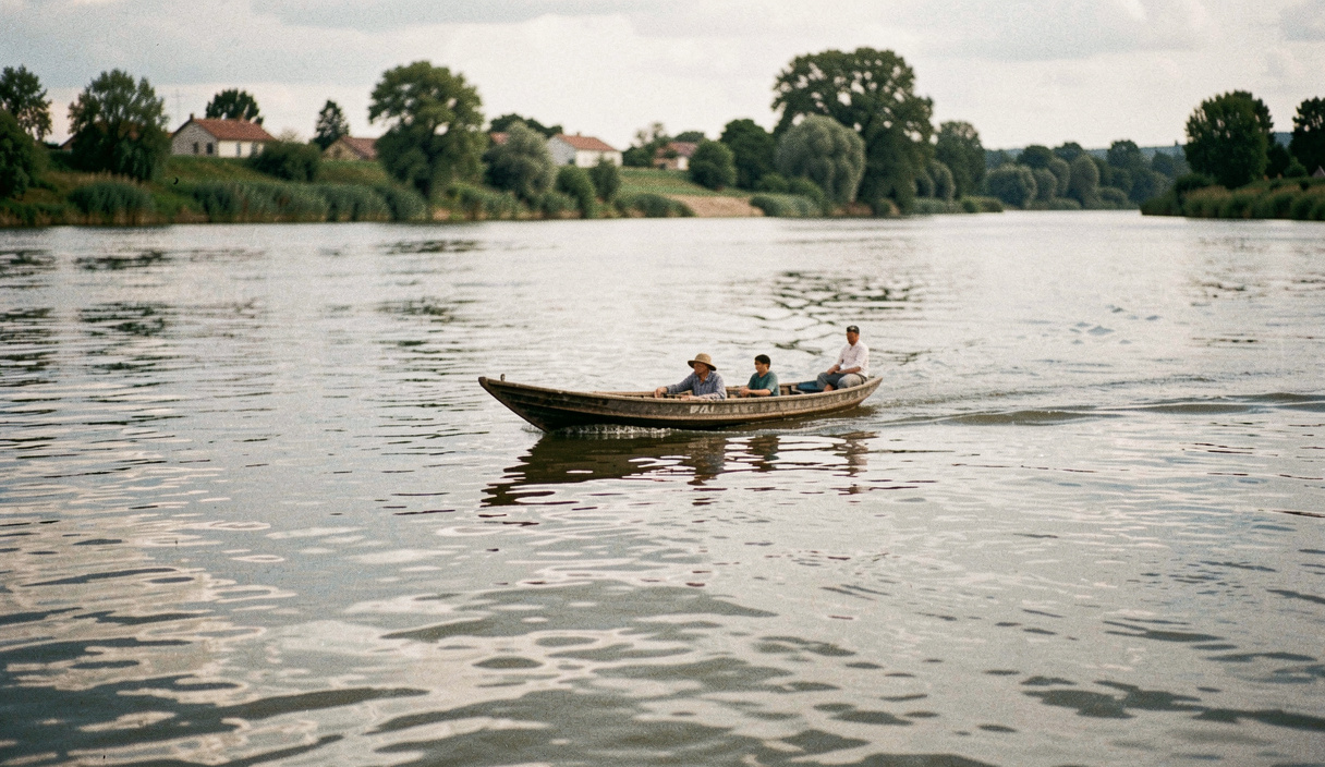 Barque étroite glissant sur un fleuve large à l'aube, un pêcheur debout à l'arrière, la surface renvoie une lumière orange et la rive se devine dans la vapeur d'eau