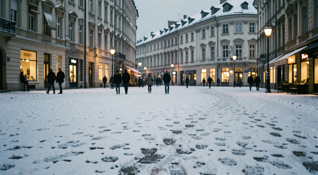 Vaste place pavée recouverte d'une fine couche de neige à l'heure bleue, silhouettes de passants et façades éclairées au fond
