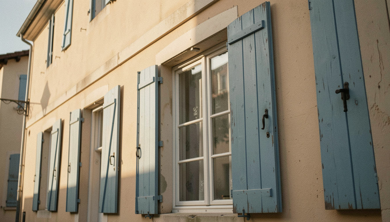 Façade ocre aux volets bleus fermés, la lumière rasante du matin dessine l'ombre portée d'un balcon en fer forgé