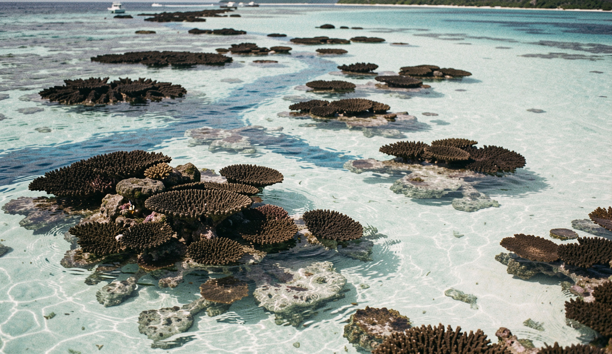 Vue en forte plongée sur un lagon, taches sombres des massifs coralliens dispersées dans une eau turquoise traversée de chenaux plus bleus