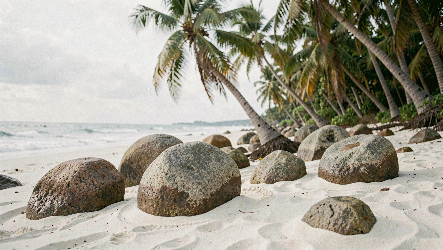 Gros blocs de granit arrondis posés sur une plage de sable blanc, cocotiers penchés à l'arrière-plan et eau claire au premier plan, lumière du matin
