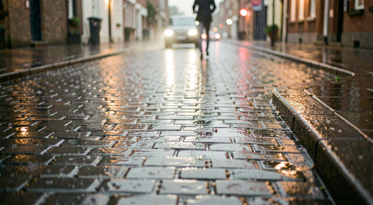 Pavage mouillé après une averse, chaque lumière de la rue s'y dédouble en traînée verticale, silhouettes floues au fond