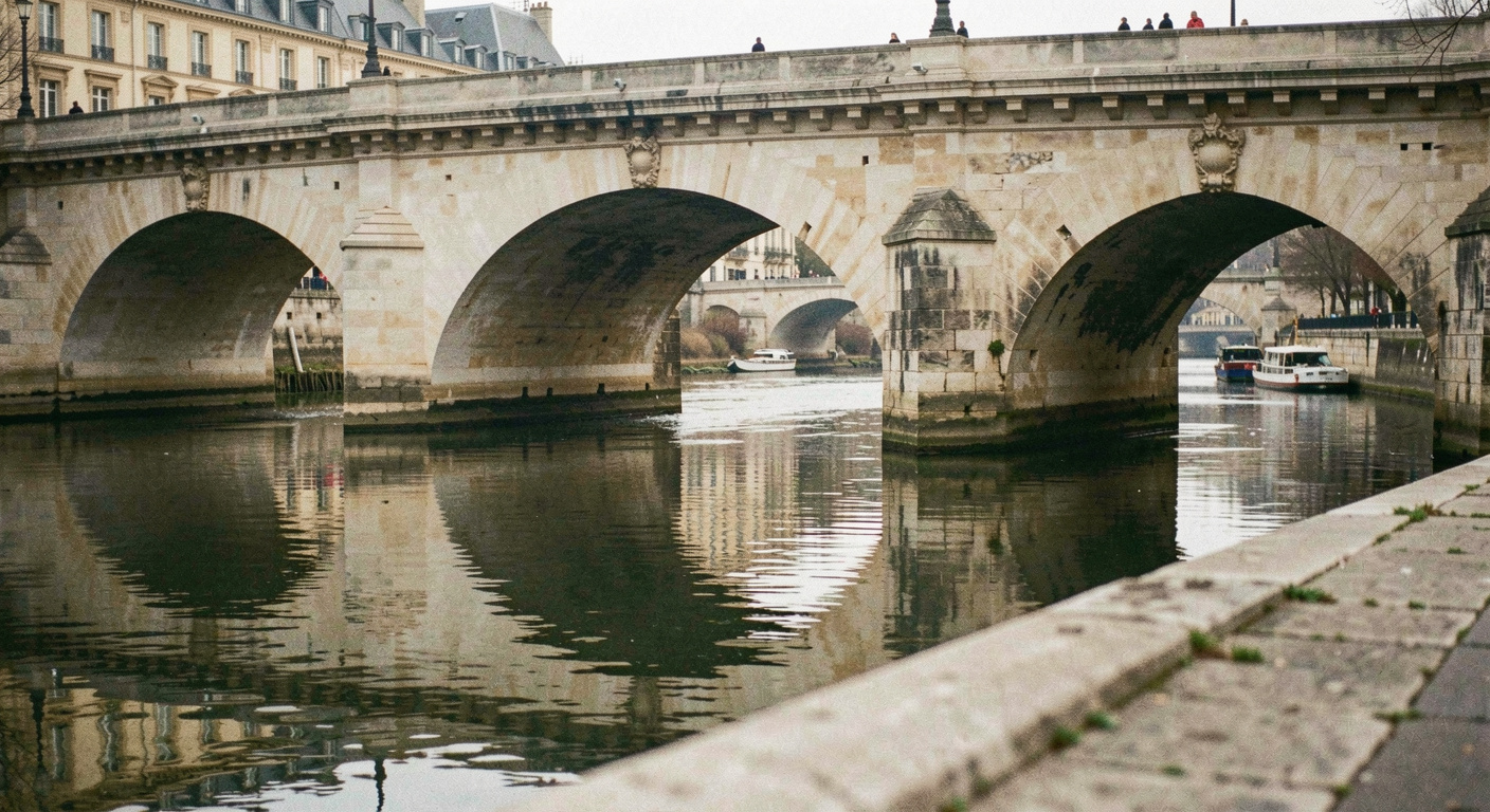 Pont de pierre à arches se reflétant dans la Seine à l'heure bleue, les lampadaires allumés dessinent une ligne de points dorés sur un ciel encore bleu