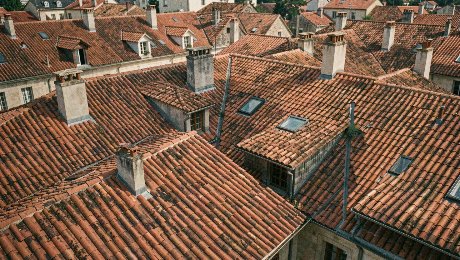Mer de toits de tuiles rouges vue en plongée, lucarnes et cheminées projettent des ombres courtes en fin de matinée