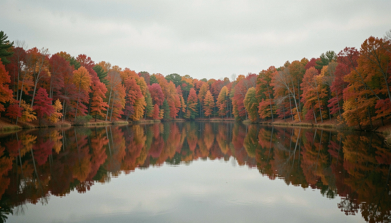 Forêt d'érables aux feuillages rouges et orangés bordant un lac immobile qui en renvoie le reflet, ciel voilé d'automne