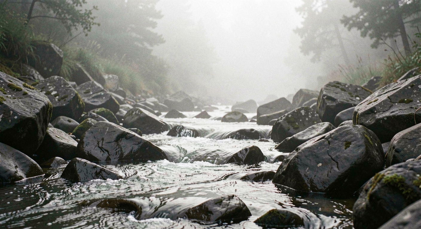 Rivière coulant entre des rochers sombres, brume matinale au-dessus de l'eau et forêt colorée sur les deux rives