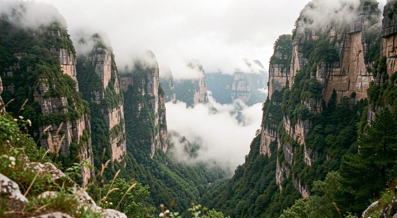 Cirque montagneux aux remparts verticaux couverts de végétation, des nuages commencent à monter du fond de la vallée en fin de matinée