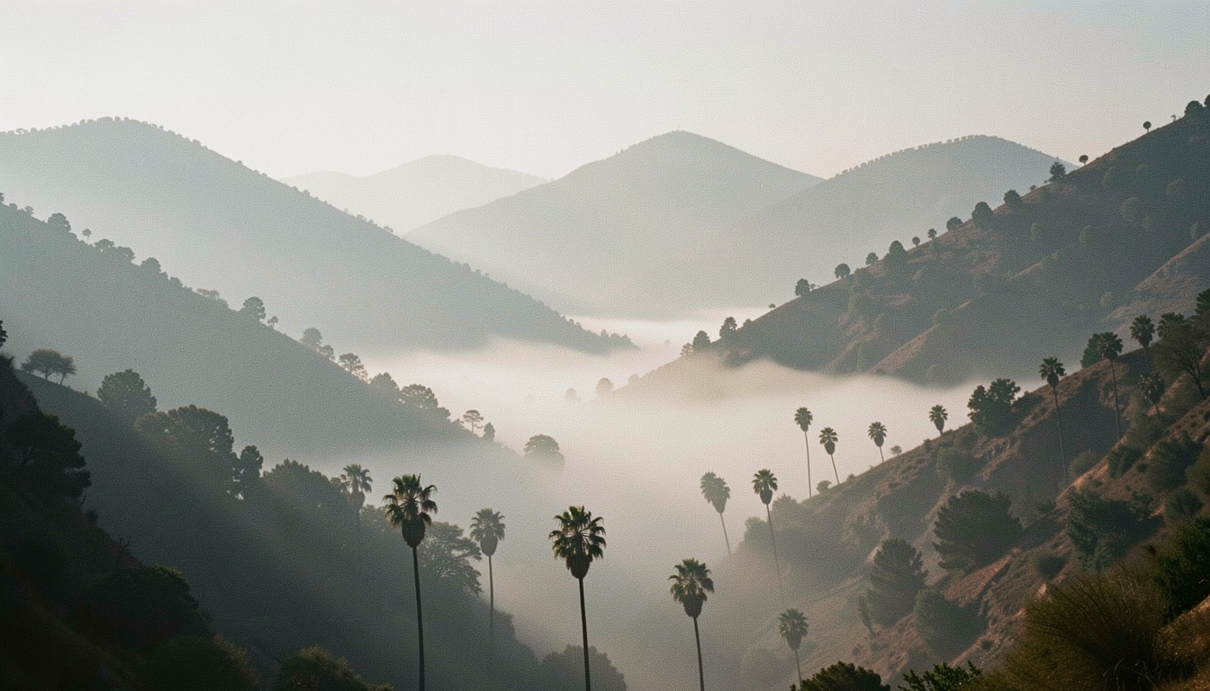 Nappe de brume basse au fond d'un vallon, des palmiers dépassent en silhouette et les crêtes successives pâlissent vers l'horizon
