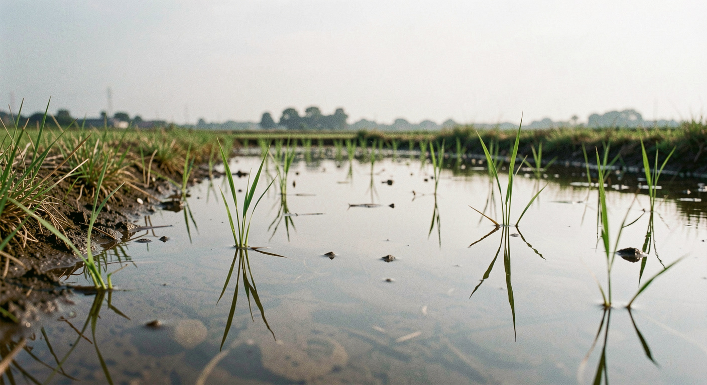 Palier de rizière encore en eau, la surface renvoie le ciel pâle du matin et quelques jeunes pousses percent le reflet