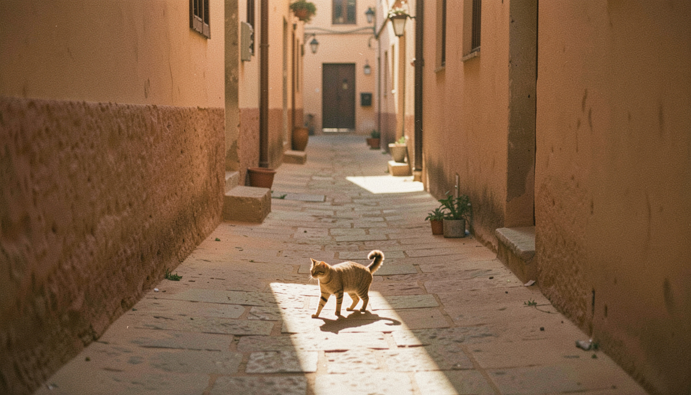 Ruelle étroite de médina aux murs ocre, un rai de soleil coupe le sol en diagonale et un chat traverse la zone d'ombre