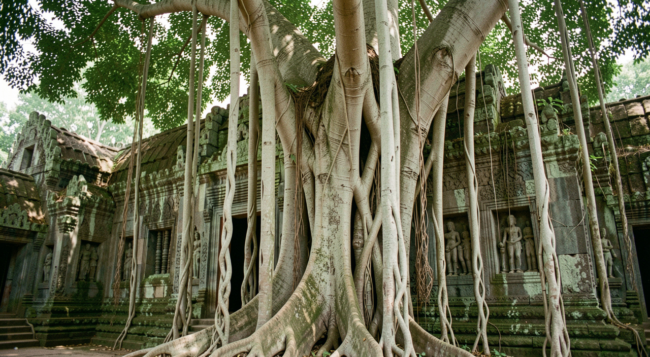 Racines pâles d'un grand arbre enserrant un mur de temple en pierre grise, lumière verte filtrée par la canopée
