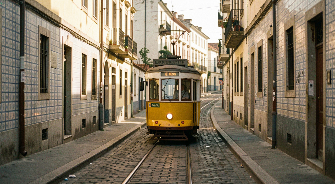 Tramway jaune montant une rue pentue entre des façades carrelées, lumière dorée de fin de journée