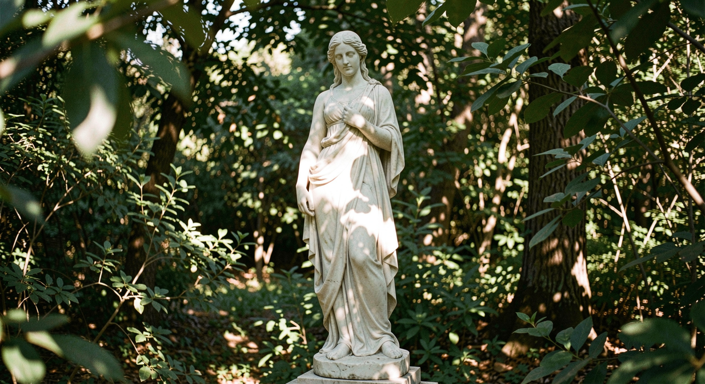 Statue de marbre blanc dans un bosquet, éclairée par une trouée de feuillage qui pose une tache de lumière sur l'épaule