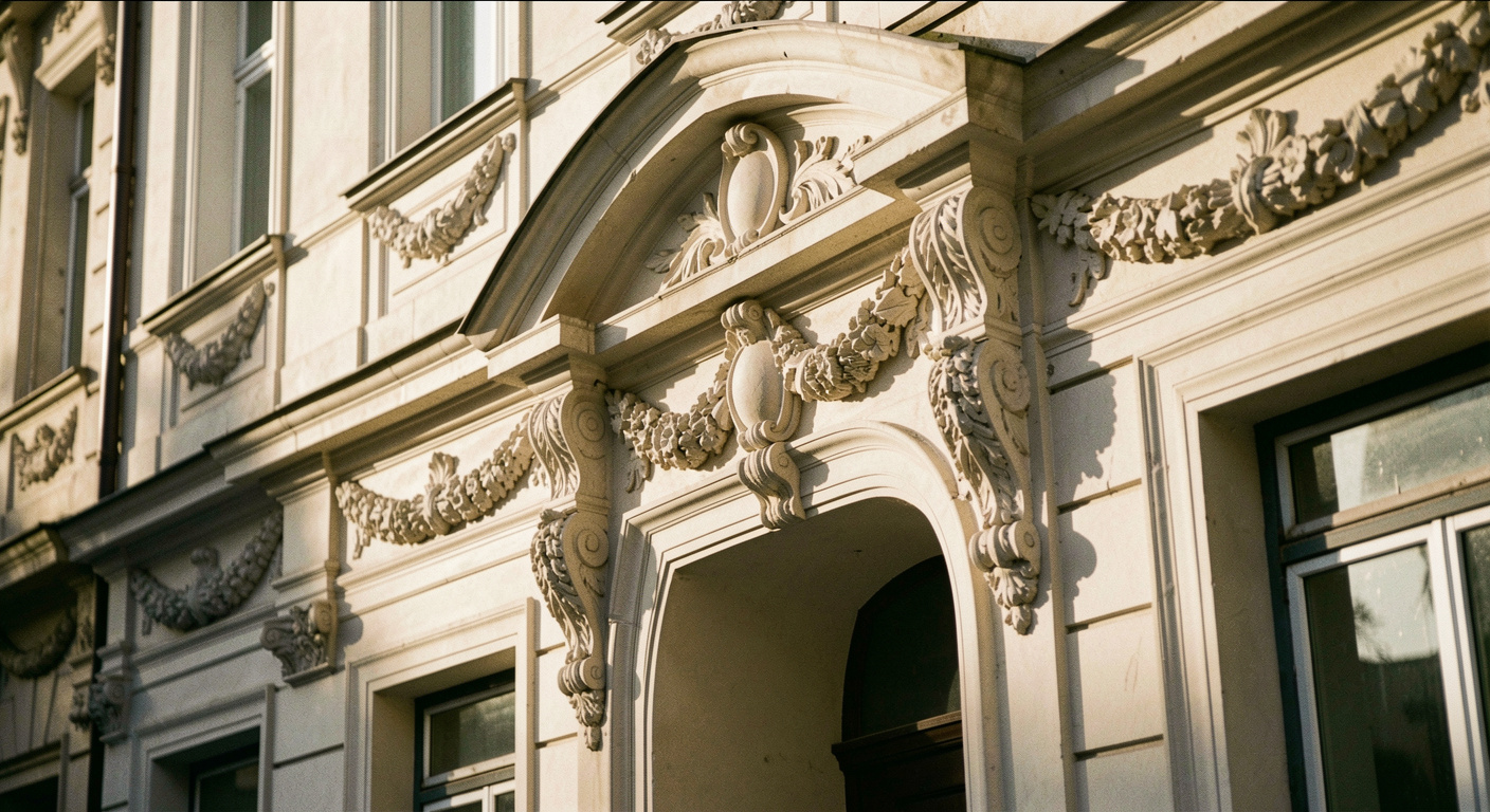 Façade ornée de stuc, guirlandes et frontons, éclairée par une lumière rasante de fin de journée qui creuse chaque relief